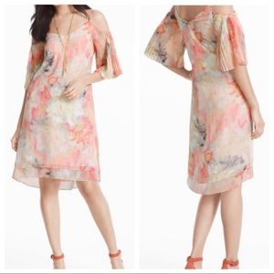WHBM water color floral pleat cold shoulder dress